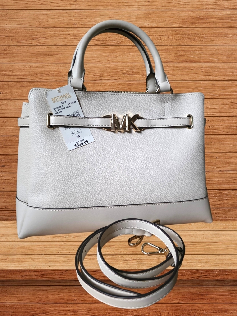 NWT Michael Kors Reed Large Belted Satchel Light Cream Leather + Dust Bag